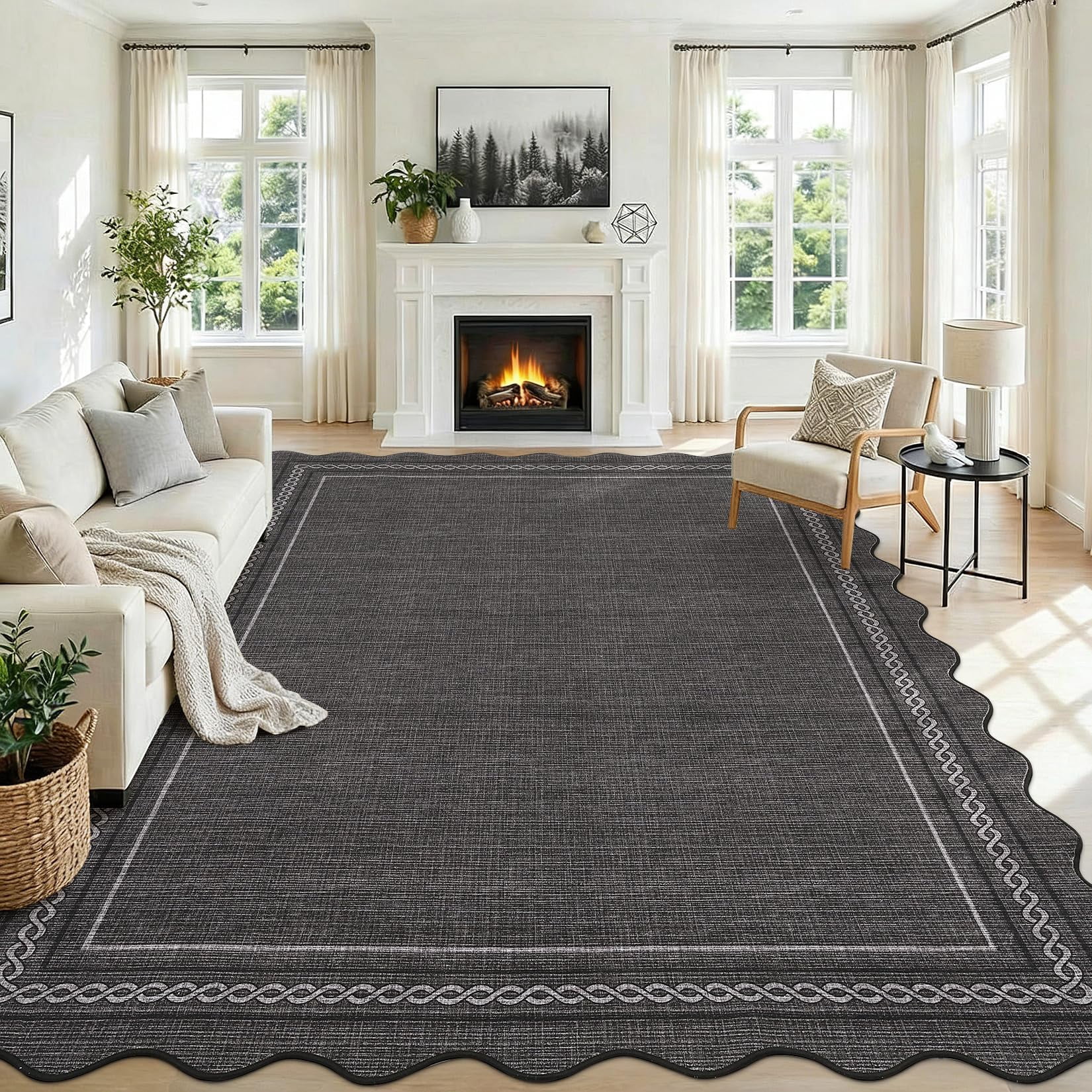 9*12FT Washable 9x12 Area Rug for Living Room Scalloped Solid Black Rug Non Slip Soft Bedroom Rugs Low Pile Foldable Large Area Rug Stain Resistant Carpet for Nursery Dining Classroom, Black Black