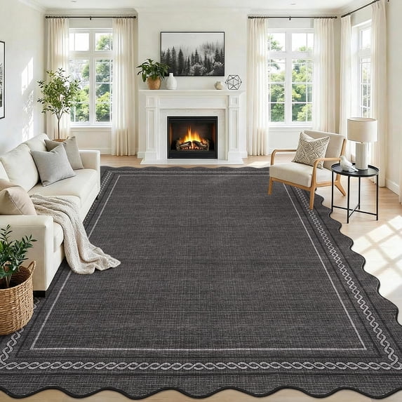 9*12FT Washable 9x12 Area Rug for Living Room Scalloped Solid Black Rug Non Slip Soft Bedroom Rugs Low Pile Foldable Large Area Rug Stain Resistant Carpet for Nursery Dining Classroom, Black Black