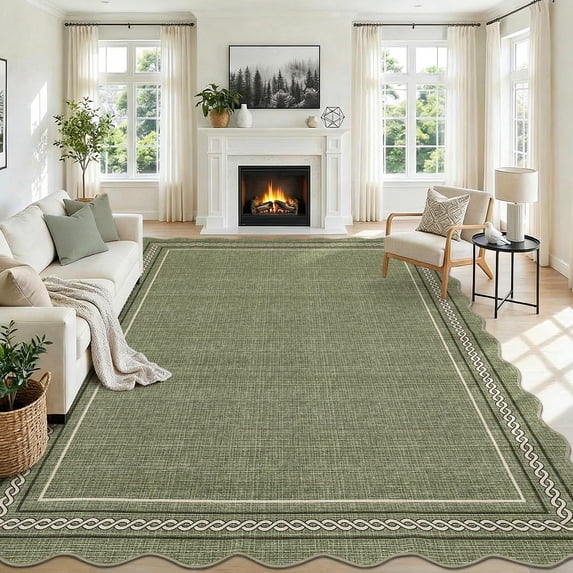9*12FT Washable 9x12 Rugs for Living Room Scalloped Green Large Area Rug Non Slip Soft Non Shedding Bedroom Rug Foldable Low Pile Stain Resistant Carpet for Nursery Dining Room Classroom, Green Green