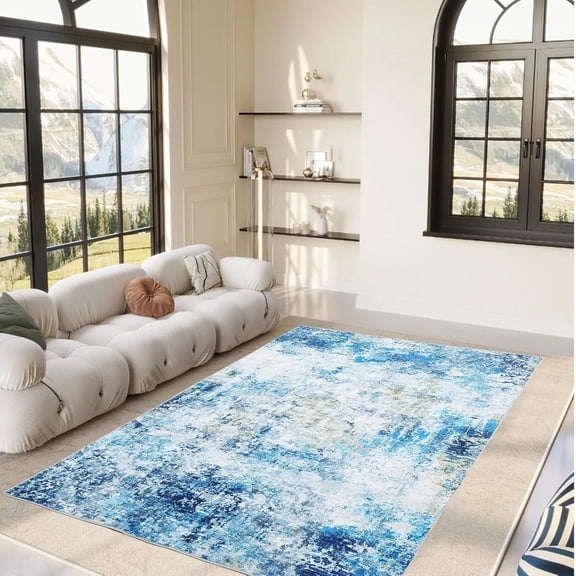 9×12Ft Rug, Washable Area Rug Modern Abstract Carpet for Living Room Foldable Low Pile Accent Rug with Non Slip Backing Soft Stain Resistant Floor Rug for Bedroom Playroom Office Decor, Navy