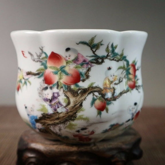 9*12cm Chinese Antique Porcelain Pink Nine Son Peach Pattern Plum Bowl