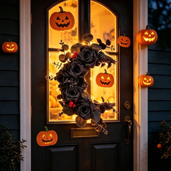 9×13.8in Lighted Crescent Moon Grapevine Wreath with Black Roses, Gothic Halloween Door Wall Haunted House Decor, Black