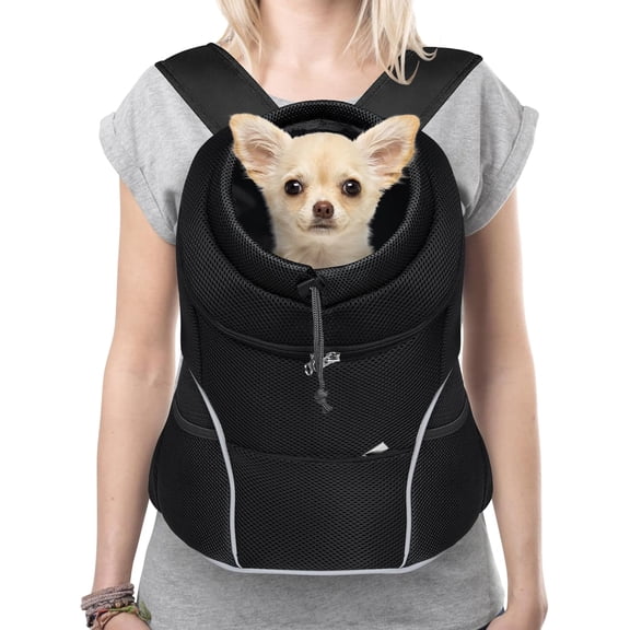 9-14lbs Dog Front Carrier Backpack, Adjustable Breathable Pet Carrier for Small Dogs, Ventilated Puppy Back Pack with Safety Belt, Lightweight Doggy Backpack for Hiking Outdoor(Jet Black, L)