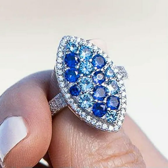 9*15mm Width Band Ring Women's Stainless Steel Luxury Blue White Cz Ring Sz 6-10