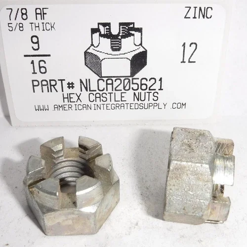 9/16-12 Hex Castle Nuts Steel Zinc Plated 7/8 Af X 5/8 Th (2)