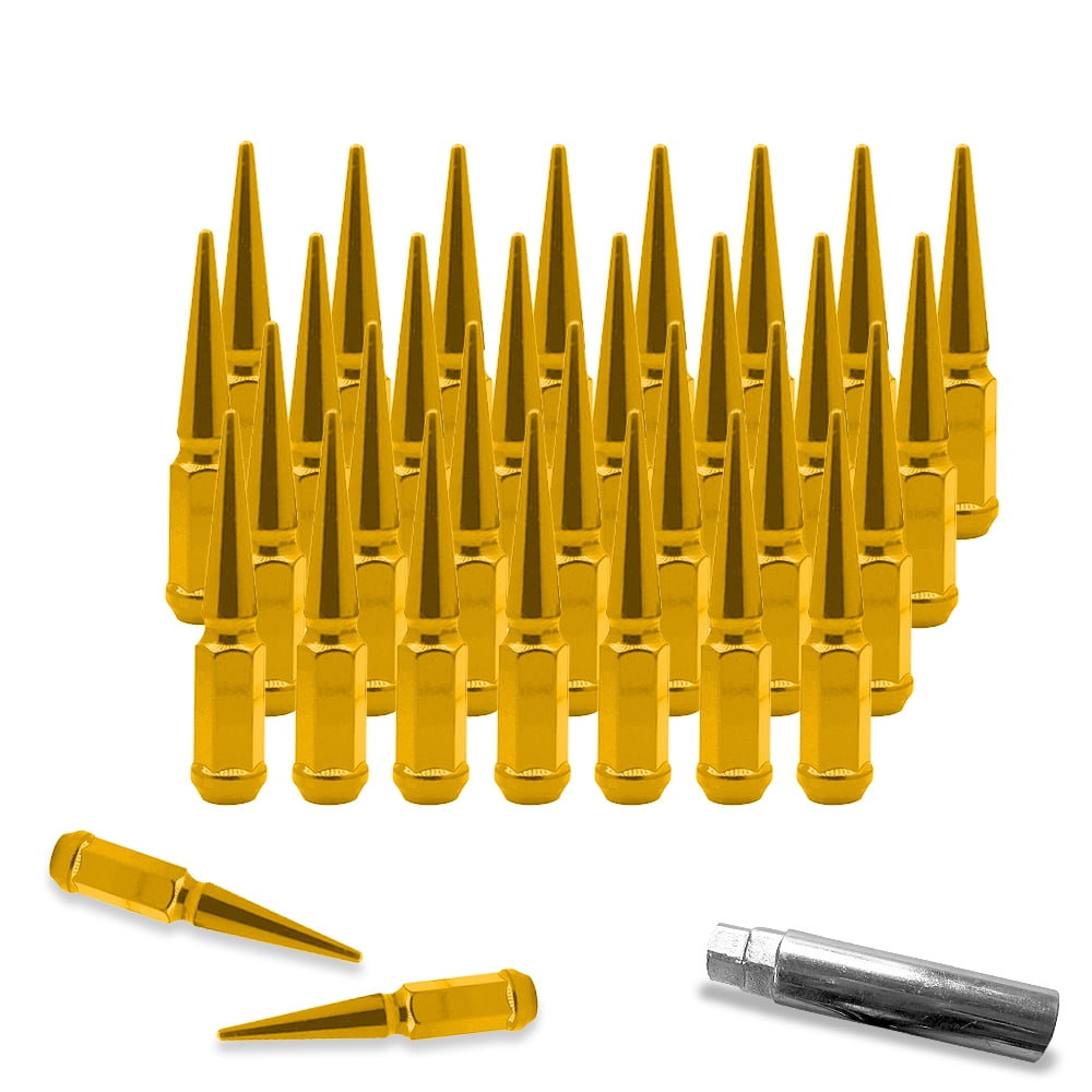 9/16-18 Wheel Spike Lug Nuts, 32x Gold 9/16" x18 Lug Nut with 1 Socket Key, 4.4'' Tall Closed End Lug Nuts for 1994-2011 Dodge Ram 1500 2500 3500/1988-1998 Ford F250 F350