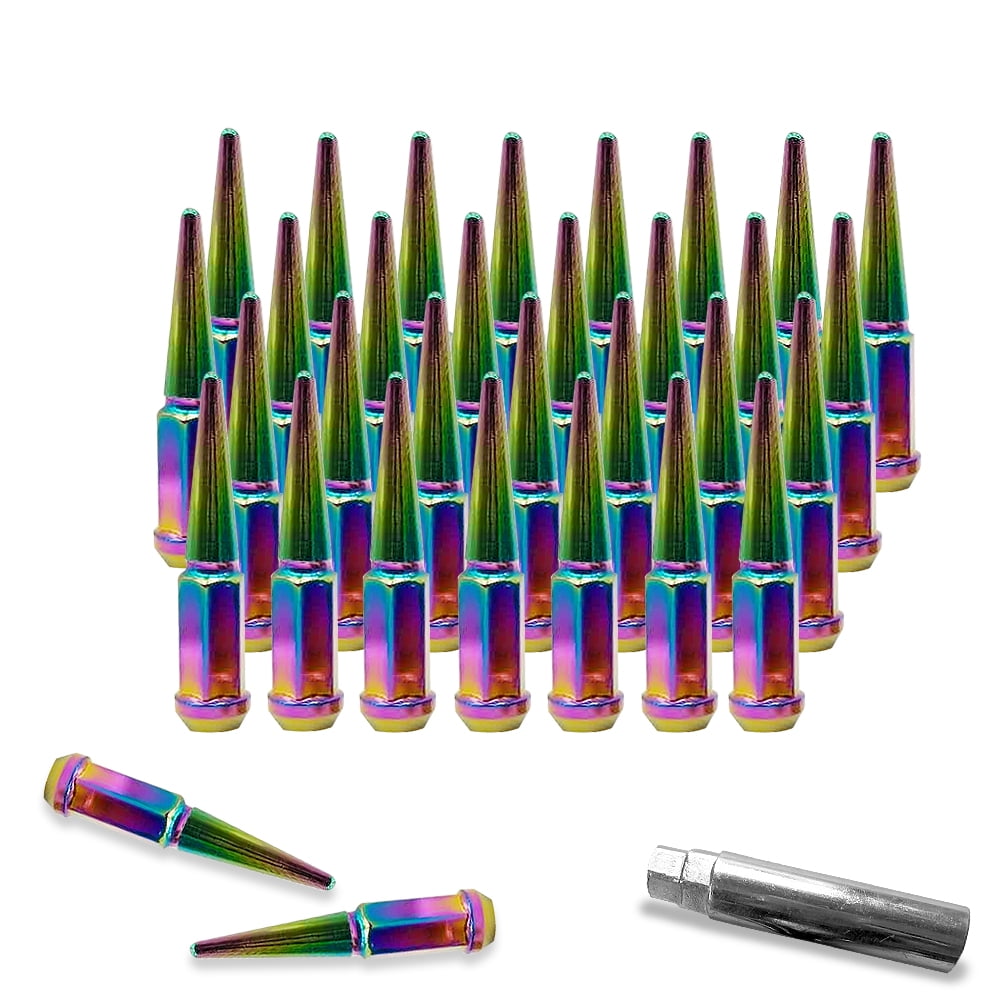 9/16-18 Wheel Spike Lug Nuts, 32x Neo Chrome 9/16" x18 Lug Nut with 1 Socket Key, 4.4'' Tall Closed End Lug Nuts for 1994-2011 Dodge Ram 1500 2500 3500/1988-1998 Ford F250 F350