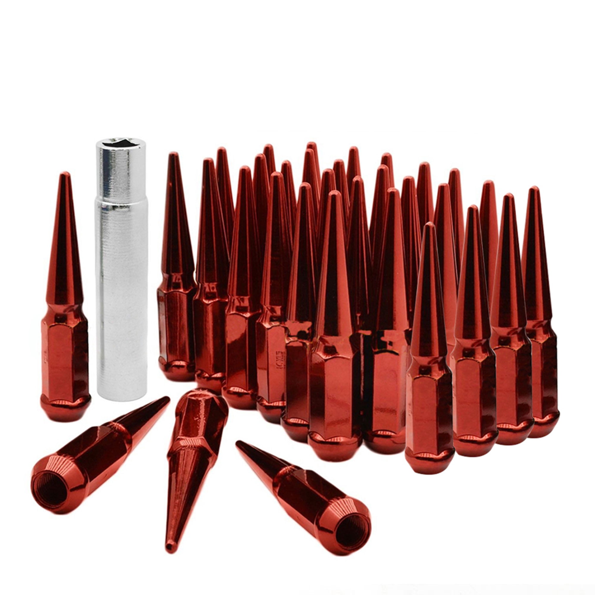 9/16-18 Wheel Spike Lug Nuts, 32x Red 9/16" x18 Lug Nut with 1 Socket Key, 4.4'' Tall Closed End Lug Nuts for 1994-2011 Dodge Ram 1500 2500 3500/1988-1998 Ford F250 F350