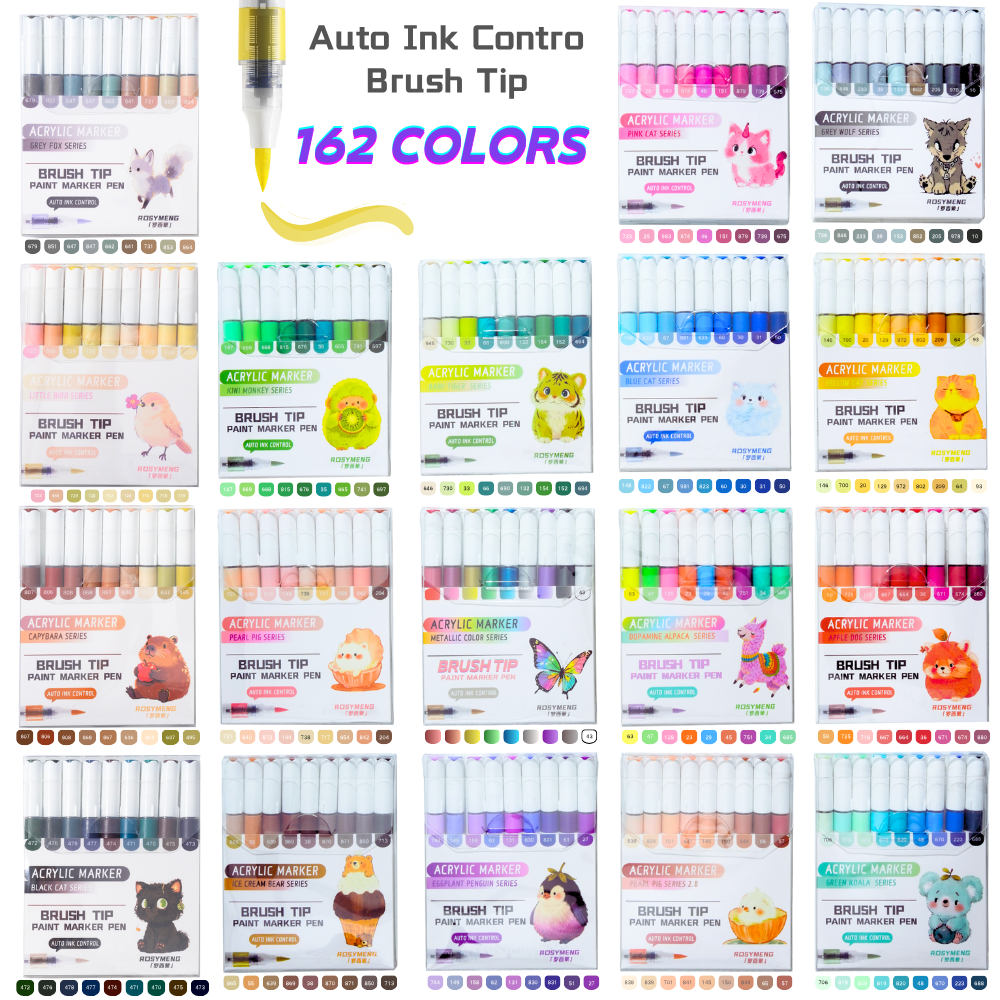 9/162 Colors Brush Tip Acrylic Paint Pens, Automatic Ink Control Acrylic Paint Art Markers for Rock Painting, DIY & Art Supplies
