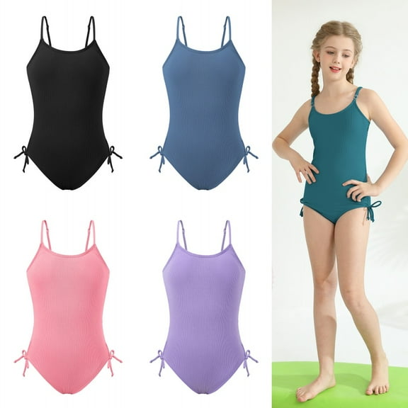 9-16T Girls Summer One Piece Swimsuits with Drawstring Adjustable Spaghetti Strap Ribbed Swimwear Bathing Suit, Size 9-16 Years