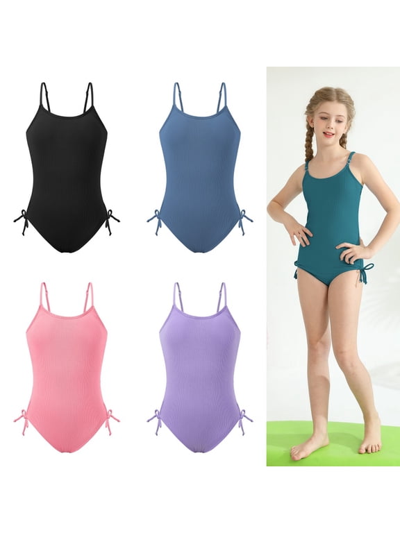 9-16T Girls Summer One Piece Swimsuits with Drawstring Adjustable Spaghetti Strap Ribbed Swimwear Bathing Suit, Size 9-16 Years