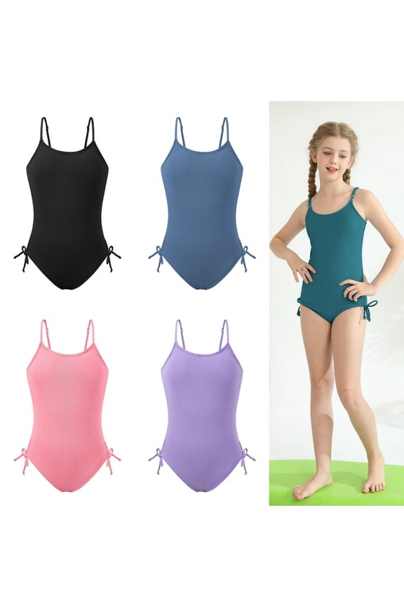 9-16T Girls Summer One Piece Swimsuits with Drawstring Adjustable Spaghetti Strap Ribbed Swimwear Bathing Suit, Size 9-16 Years