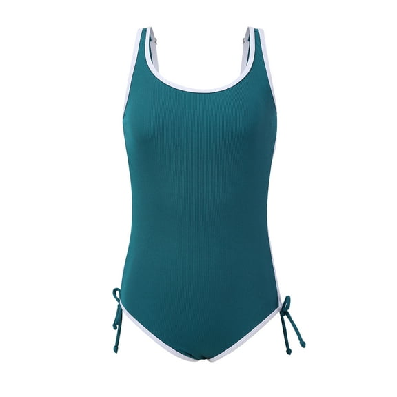 9-16T Girls Summer One Piece Swimsuits with Drawstring Adjustable Spaghetti Strap Ribbed Swimwear Bathing Suit, Size 9-16 Years