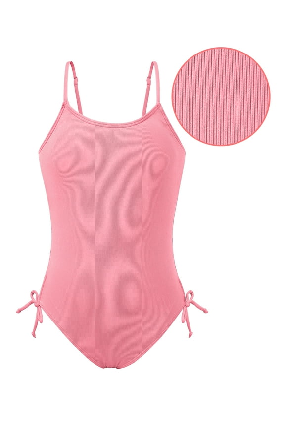 9-16T Girls Summer One Piece Swimsuits with Drawstring Adjustable Spaghetti Strap Ribbed Swimwear Bathing Suit, Size 9-16 Years