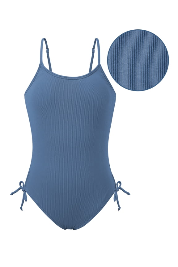 9-16T Girls Summer One Piece Swimsuits with Drawstring Adjustable Spaghetti Strap Ribbed Swimwear Bathing Suit, Size 9-16 Years