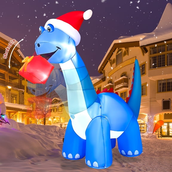 9 FT Animated Christmas Inflatable Dinosaur Wearing Hat with Built-in LED Lights, Nodding Dinosaur Christmas Inflatable Gripping Gift Box, Christmas Outdoor Decorations for Holiday Party Xmas