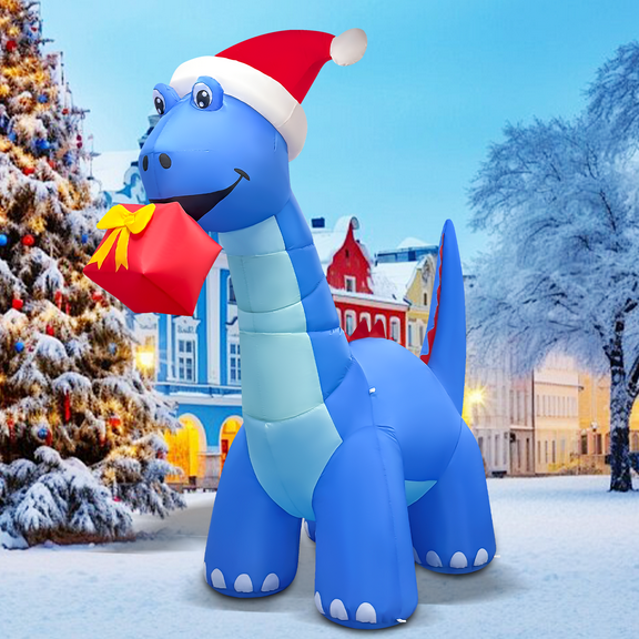 9.2 FT Animated Christmas Inflatable Dinosaur Wearing Hat with Built-in LED Lights, Nodding Dinosaur Christmas Inflatable Gripping Gift Box, Christmas Outdoor Decorations for Holiday Party Xmas
