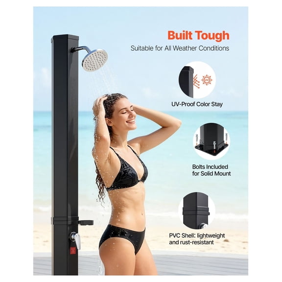 9.2 Gal Solar Shower, Outdoor Heated Shower 6.4ft, Foot Wash, Hot/Cold Water, Freestanding Poolside Shower, Black