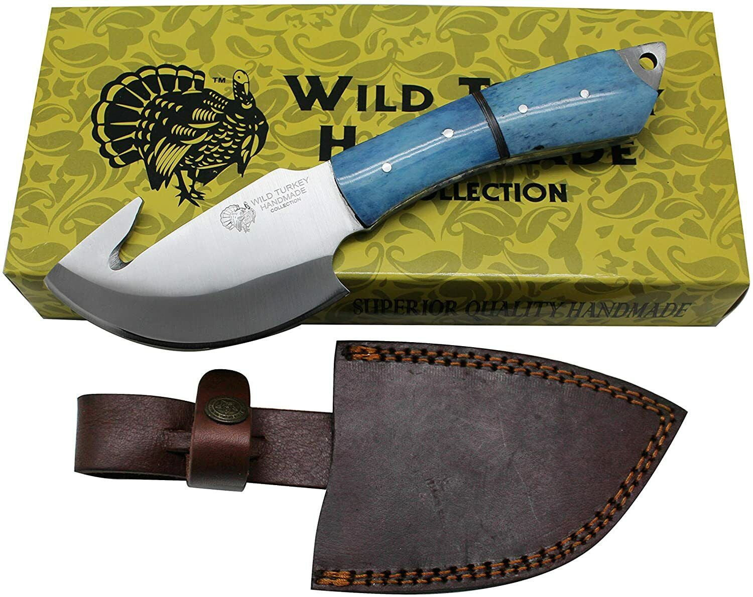 9.25" Blue Gut Hook Fishing Knife Bone Handle Hunting Fixed Blade with Sheath