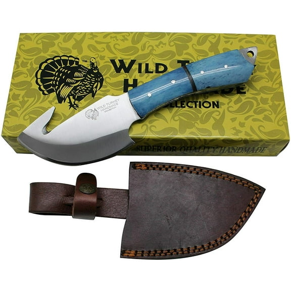 9.25" Blue Gut Hook Fishing Knife Bone Handle Hunting Fixed Blade with Sheath