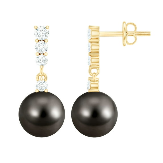 Rosec Jewels 9.25 CT Diamond Earrings with Tahitian Pearl Drop, Pearl and Diamond Bar Earrings, Tahitian Pearl Drop Earrings, Bar Drop Earrings for Women, 18K Yellow Gold