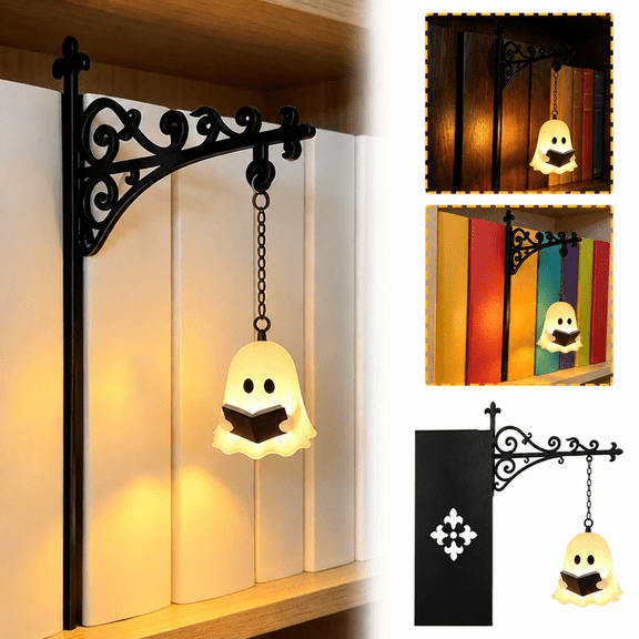 9.25 Inch Ghost Library Lantern Bookshelf Lamp, Halloween Decorative Bookshelf Light with Warm LED, Vintage Metal Book Nook Lantern for Reading Corner Home Library Shelf Decor Gift for Book Lovers