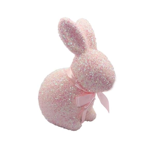 9.25Inch Flocked Bunny Figurine Rabbit Statue with Bow Tie, Glitter Flocked Foam Easter Bunny Table Decor for Spring Garden and Home Decor, Indoor Outdoor Party Centerpiece