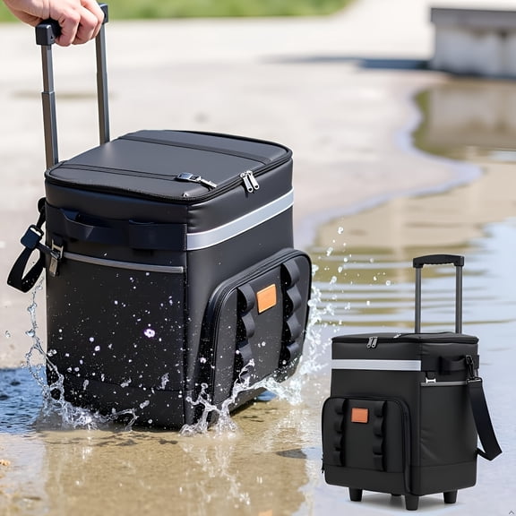 9.25gal Insulated Rolling Cooler with Wheels | Soft Leak Proof Ice Chest for Camping, Beach, Travel and Lunch - Portable Wheeled Cooler, Oxford Cloth