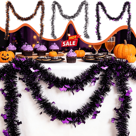 9.2Ft Halloween Tinsel Garland with Bat Cutouts, Spooky Metallic Tinsel Vine for Fireplace Mantel, Stair Railing, Wall Backdrop, Haunted House, Indoor Outdoor Halloween Party Home Decor Decorations