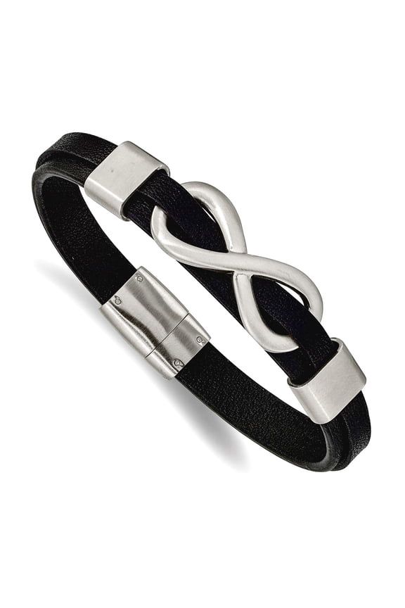 9.2mm Stainless Steel Brushed and Polished Infinity Symbol Black Leather Bracelet 8 Inch Link Bracelet for Women