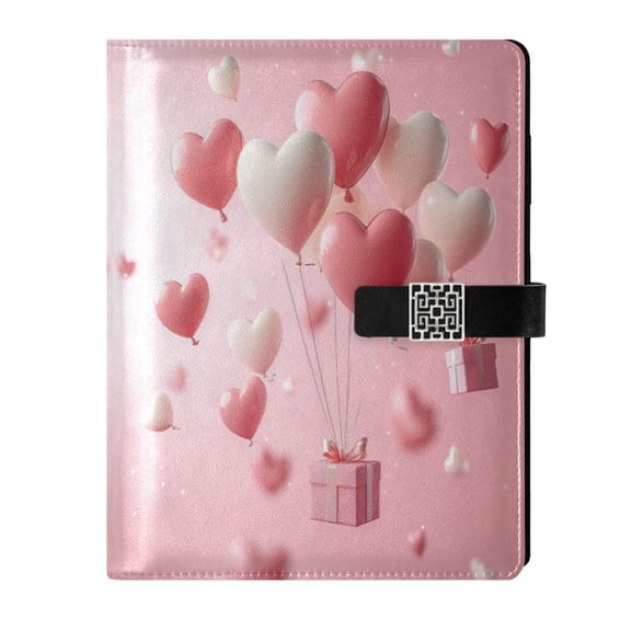 9.2x6.7 inch Leather Notebook 100 Sheets, Multi-Pocket Design & Pen Loop 3d Pink Heart Balloons Refillable Journal Organizer
