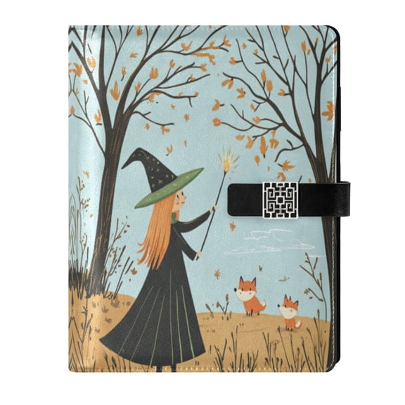 9.2x6.7 inch Leather Notebook 100 Sheets, Multi-Pocket Design & Pen Loop A Cartoon Witch Refillable Journal Organizer