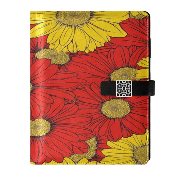 9.2x6.7 inch Leather Notebook 100 Sheets, Multi-Pocket Design & Pen Loop Abstract Daisies Floral Refillable Journal Organizer