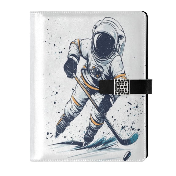 9.2x6.7 inch Leather Notebook 100 Sheets, Multi-Pocket Design & Pen Loop Astronaut Playing Hockey Refillable Journal Organizer