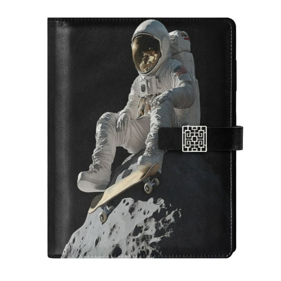 9.2x6.7 inch Leather Notebook 100 Sheets, Multi-Pocket Design & Pen Loop Astronaut on The Moon Refillable Journal Organizer