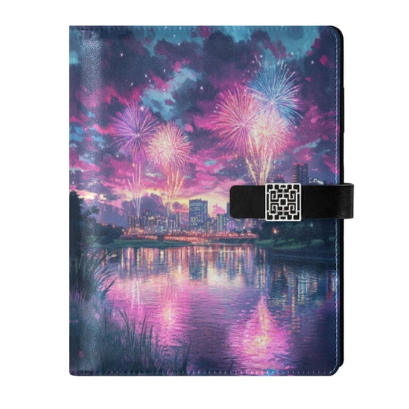 9.2x6.7 inch Leather Notebook 100 Sheets, Multi-Pocket Design & Pen Loop Beautiful River with Fireworks Refillable Journal Organizer