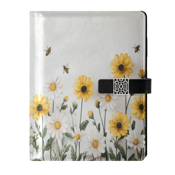 9.2x6.7 inch Leather Notebook 100 Sheets, Multi-Pocket Design & Pen Loop Bees Flying with Daisies Refillable Journal Organizer