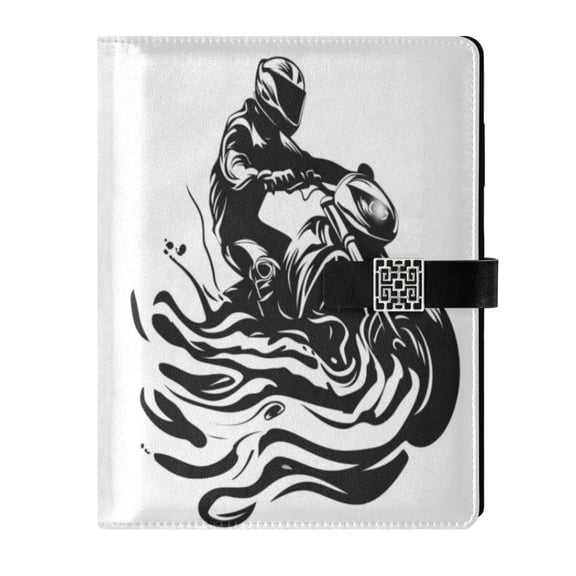 9.2x6.7 inch Leather Notebook 100 Sheets, Multi-Pocket Design & Pen Loop Black and White Motorbike Race Refillable Journal Organizer