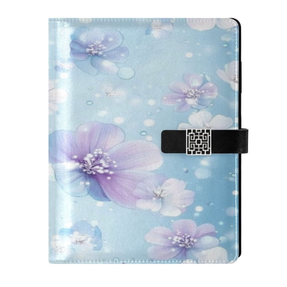9.2x6.7 inch Leather Notebook 100 Sheets, Multi-Pocket Design & Pen Loop Blue Background White Flowers Refillable Journal Organizer