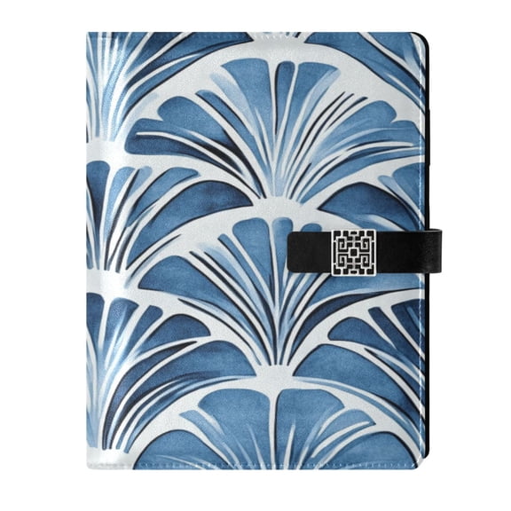 9.2x6.7 inch Leather Notebook 100 Sheets, Multi-Pocket Design & Pen Loop Blue Deco-inspired Pattern Refillable Journal Organizer