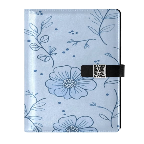 9.2x6.7 inch Leather Notebook 100 Sheets, Multi-Pocket Design & Pen Loop Blue Floral Doodle Refillable Journal Organizer