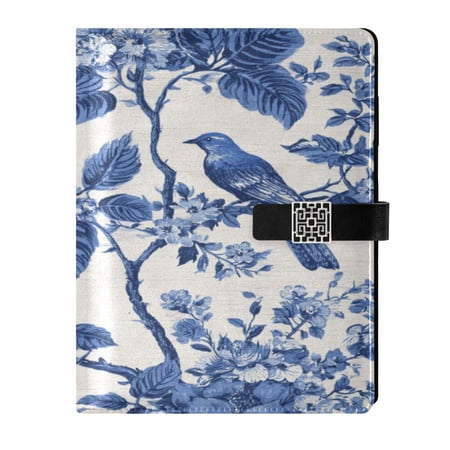 9.2x6.7 inch Leather Notebook 100 Sheets, Multi-Pocket Design & Pen Loop Blue Flowers and Birds Refillable Journal Organizer