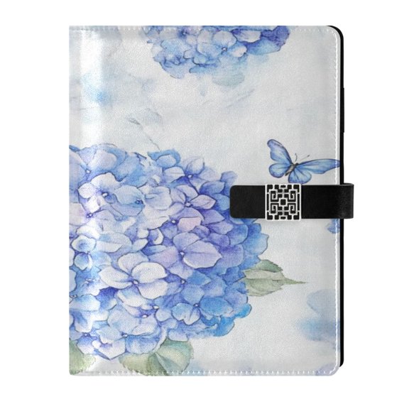 9.2x6.7 inch Leather Notebook 100 Sheets, Multi-Pocket Design & Pen Loop Blue Hydrangea Pattern Refillable Journal Organizer