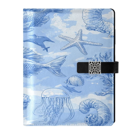 9.2x6.7 inch Leather Notebook 100 Sheets, Multi-Pocket Design & Pen Loop Blue Marine Life Refillable Journal Organizer