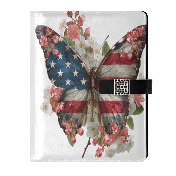 9.2x6.7 inch Leather Notebook 100 Sheets, Multi-Pocket Design & Pen Loop Butterfly with Flag Pattern Refillable Journal Organizer