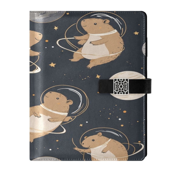 9.2x6.7 inch Leather Notebook 100 Sheets, Multi-Pocket Design & Pen Loop Capybara Astronauts Refillable Journal Organizer