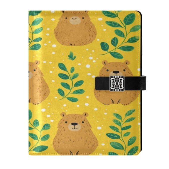 9.2x6.7 inch Leather Notebook 100 Sheets, Multi-Pocket Design & Pen Loop Capybara and Green Leaves Refillable Journal Organizer