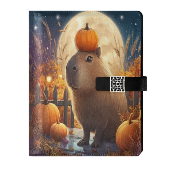 9.2x6.7 inch Leather Notebook 100 Sheets, Multi-Pocket Design & Pen Loop Capybara with Pumpkins and Leaves Refillable Journal Organizer