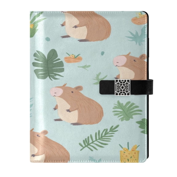 9.2x6.7 inch Leather Notebook 100 Sheets, Multi-Pocket Design & Pen Loop Capybaras in Playful Poses Refillable Journal Organizer
