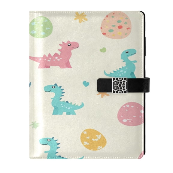 9.2x6.7 inch Leather Notebook 100 Sheets, Multi-Pocket Design & Pen Loop Cartoon Dinosaurs and Eggs Refillable Journal Organizer